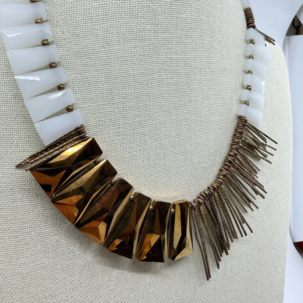 Bronze Tone  White  Geometric Bead Fringe Bib Necklace Boho Statement Jewelry